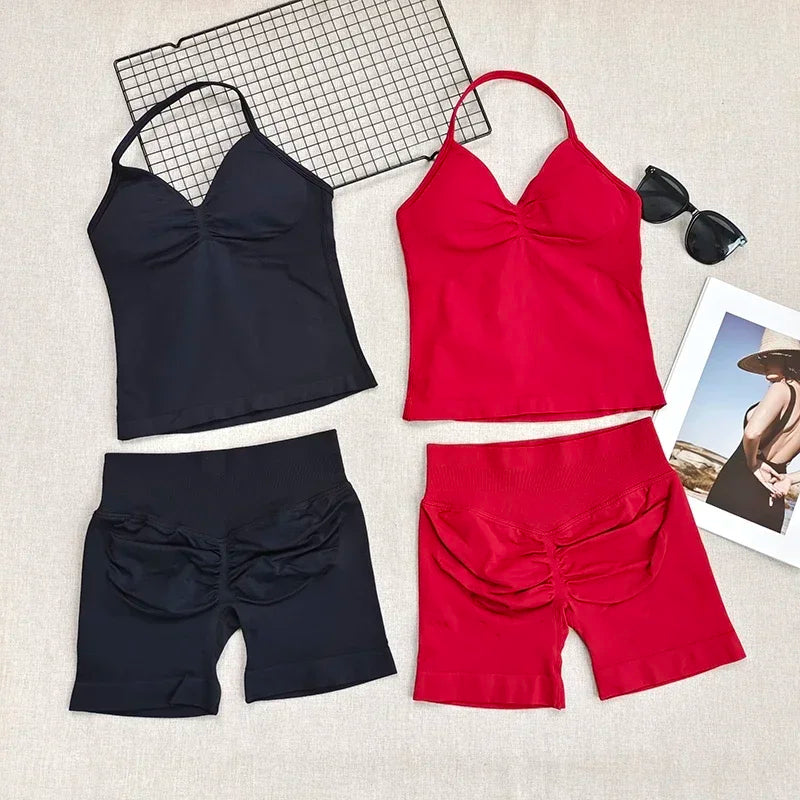 Fitness Girl Comfortable and Breathable Sports Neck Long Tank and Shorts Set Sports Yoga Vest Fitness Exercise Yoga Suit Set