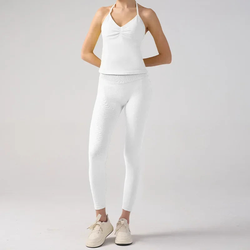 Fitness Girl Yoga Ladies 2-piece Set Long Neck Halter Tank Top Hip Lift Fitness Pants Comfortable Breathable Set Sportswear