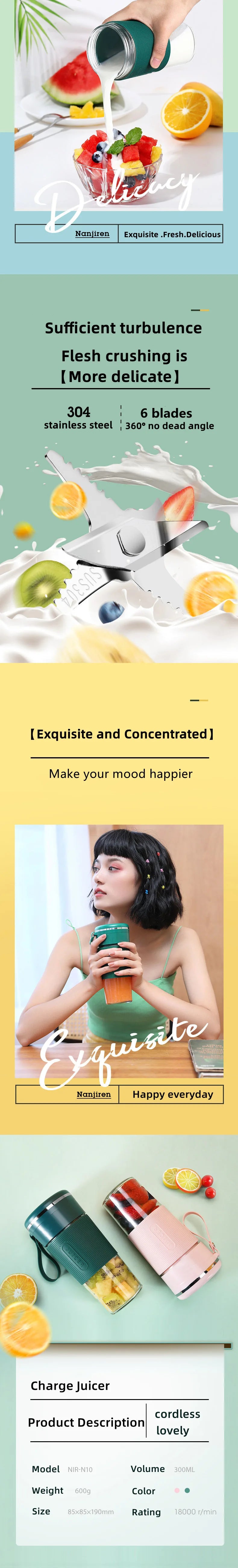 Portable Juicer Usb Rechargeable Wireless Mini Smoothie Blender Mixer Fruit Juice Maker Electric Juicer Machine Glass Cup