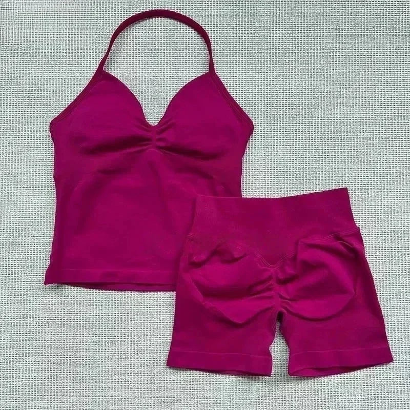 Fitness Girl Comfortable and Breathable Sports Neck Long Tank and Shorts Set Sports Yoga Vest Fitness Exercise Yoga Suit Set