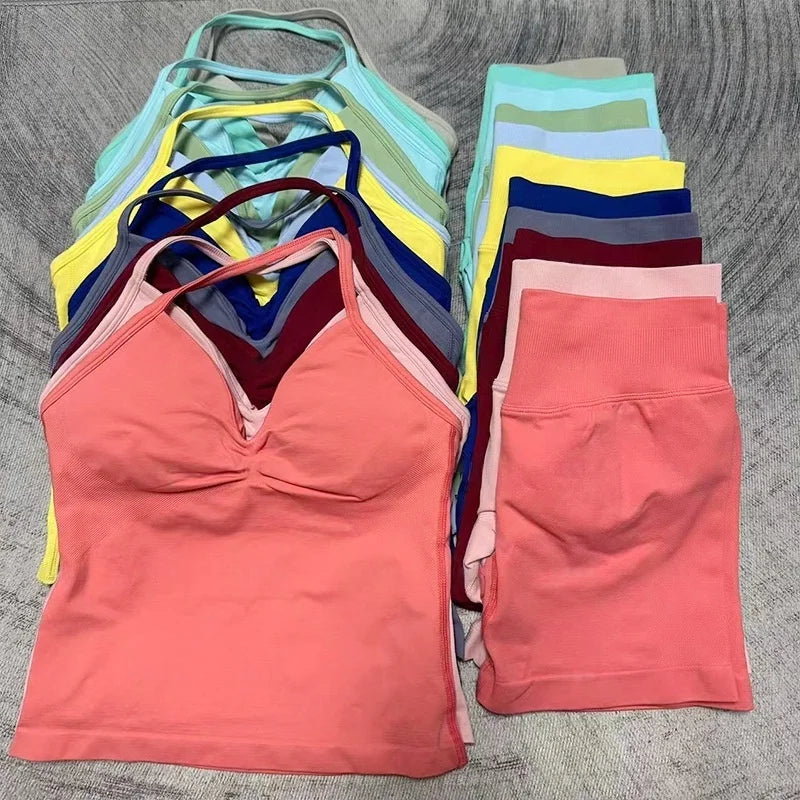 Fitness Girl Comfortable and Breathable Sports Neck Long Tank and Shorts Set Sports Yoga Vest Fitness Exercise Yoga Suit Set