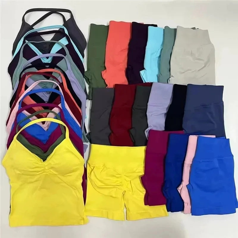 Fitness Girl Comfortable and Breathable Sports Neck Long Tank and Shorts Set Sports Yoga Vest Fitness Exercise Yoga Suit Set