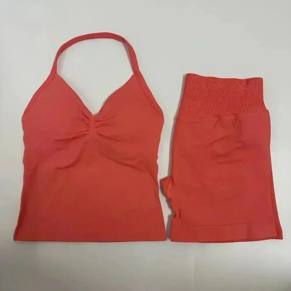 Fitness Girl Comfortable and Breathable Sports Neck Long Tank and Shorts Set Sports Yoga Vest Fitness Exercise Yoga Suit Set