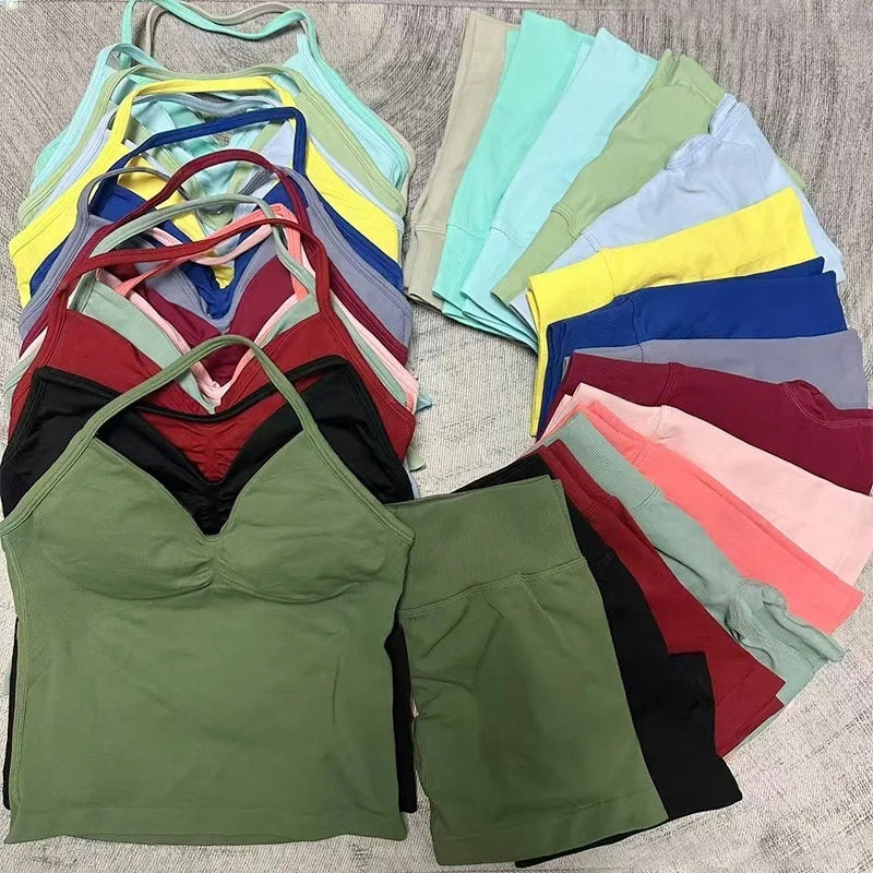 Fitness Girl Comfortable and Breathable Sports Neck Long Tank and Shorts Set Sports Yoga Vest Fitness Exercise Yoga Suit Set