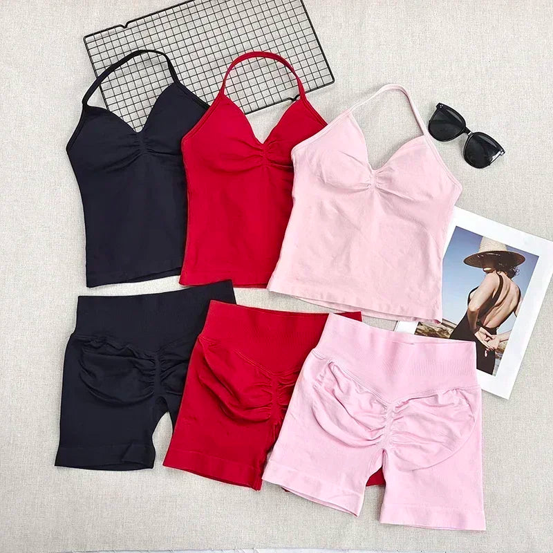 Fitness Girl Comfortable and Breathable Sports Neck Long Tank and Shorts Set Sports Yoga Vest Fitness Exercise Yoga Suit Set